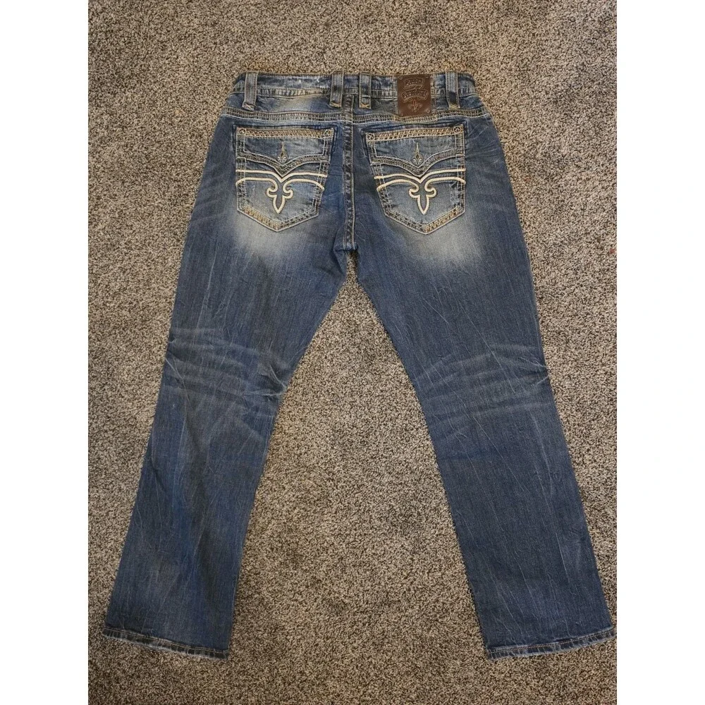 Rock Revival Odell Relaxed Straight Fit Jeans Men 34x30 Dark Wash Thick Stitched